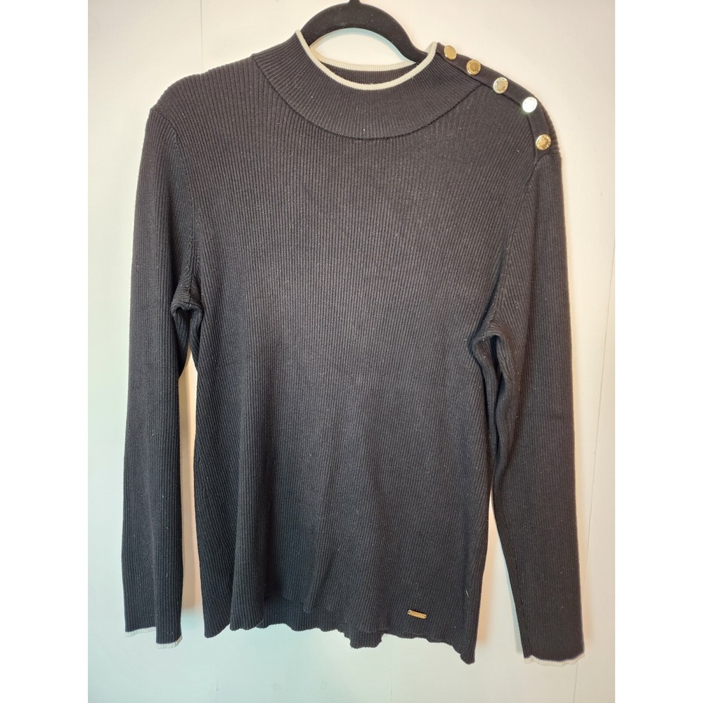 Calvin Klein‎ Womens Pullover Sweater Mock Neck Ribbed Black White Trim M